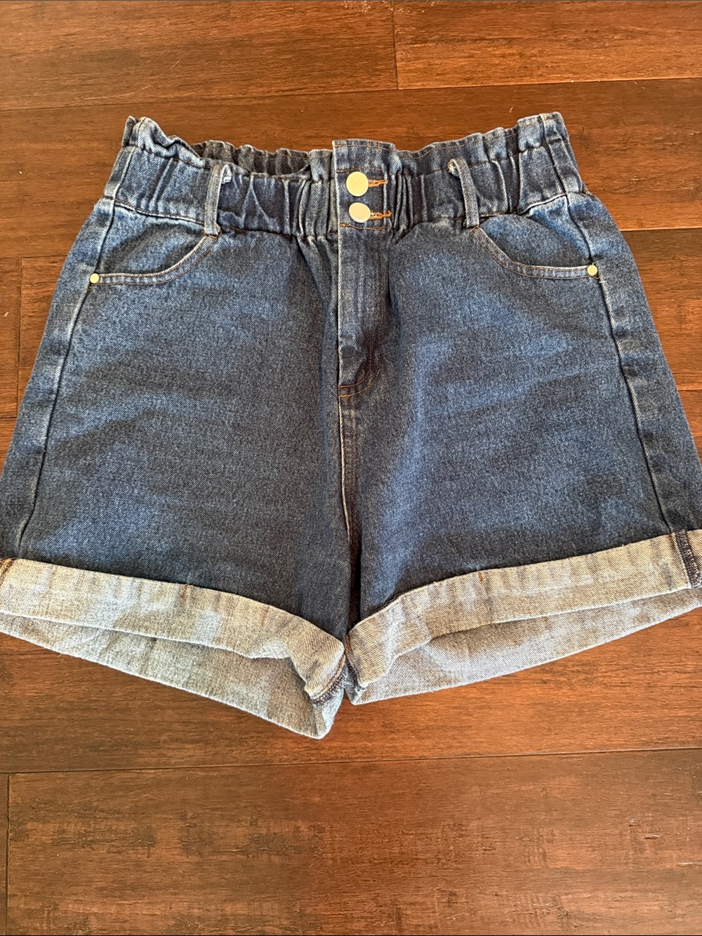 She + Sky Dark Blue High-Waist Paperbag Denim Shorts
